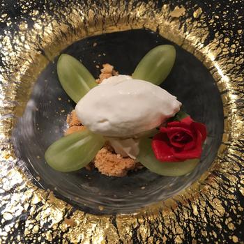 One of the dishes on gold-leaf china.