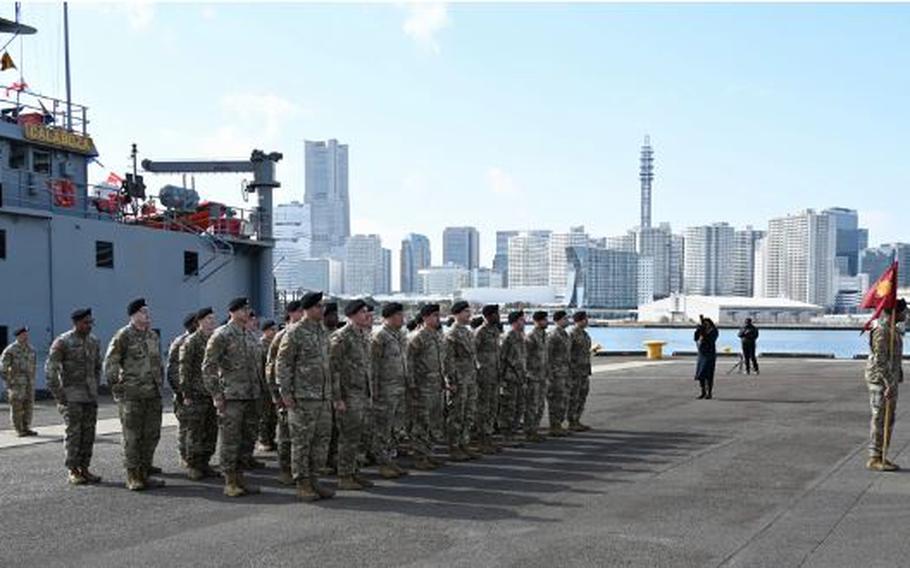 Soldiers assigned to the 5th Transportation Company participate in an activation ceremony on Feb. 8th at the Army’s dock facility in Yokohama, Japan.