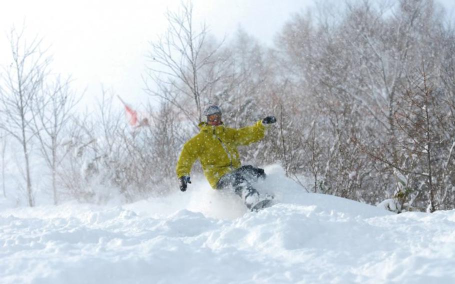 a person is hitting the slopes. Some trees can be seen behind them,