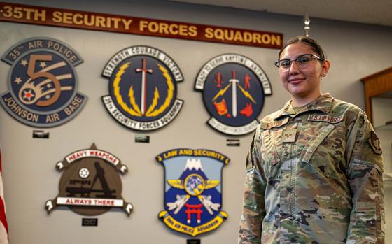 U.S. Air Force Senior Airman Senior Airman Marlinda Montoya, 35th Security Forces Squadron unit training manager, poses for a photo .