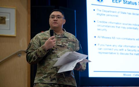 Photo Of Staff Sgt. Paulo Montero briefs families at Misawa Air Base.