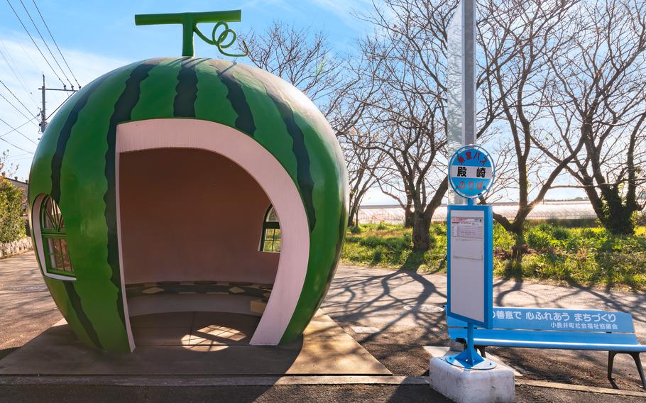 kyushu, japan - december 10 2021: Funny bus stop shaped as a giant watermelon fruit on the famous Tokimeki Fruit-shaped Bus Stop Avenue along the Highway 207 of Konagai town close to Isahaya city.