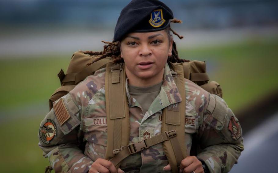U.S. Air Force Chief Master Sgt. Brandy Collins, 374th Security Forces Squadron senior enlisted leader, participates in a ruck march during National Police Week at Yokota Air Base, Japan, May 12, 2025. 