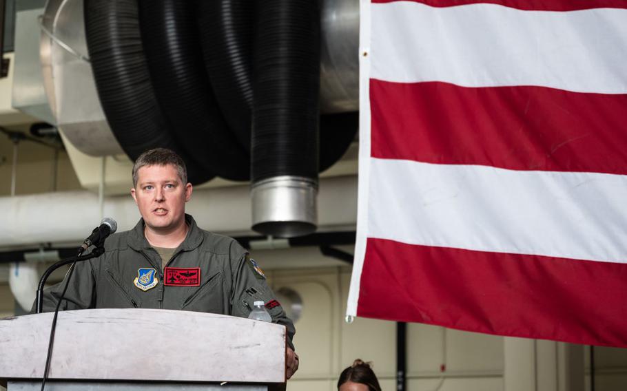 U.S. Air Force Lt. Col. Eric Foster, 36th Fighter Squadron commander, gives his first speech to his squadron during a change of command ceremony at Osan Air Base, Republic of Korea, June 24, 2024. Foster will lead the 36th FS in train to tactics and enable combat operations for the air interdiction, suppression of enemy air defenses, defensive counter air and close air support missions.