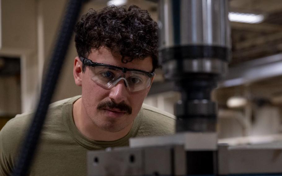 U.S. Air Force Senior Airman Jared Villalta, 35th Maintenance Squadron aircraft metals technology specialist, uses a computer numerical control mill on a component at Misawa Air Base, Japan, May 1, 2025. Through strict compliance with technical orders and fabrication standards, Metals Technology ensures every component meets required specifications, supporting aircraft reliability and interoperability with allied forces. 