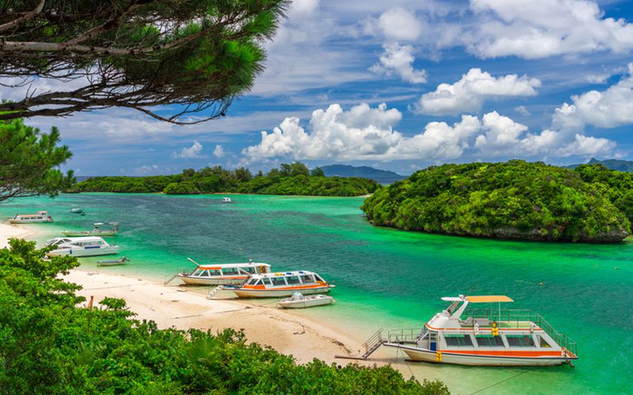 Kabira Bay, Ishigaki, Okinawa, Japan. The bay forms part of the Iriomote-Ishigaki National Park.