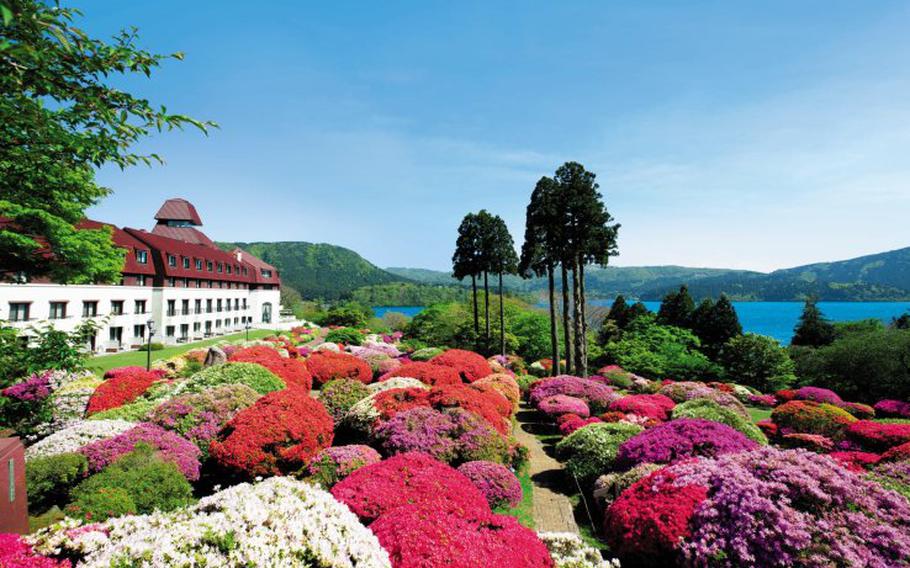 beautiful garden in theOdakyu Hotel de Yama. Lake Ashi can be seen.