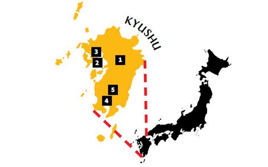 Kyushi map showing the locations in the story.