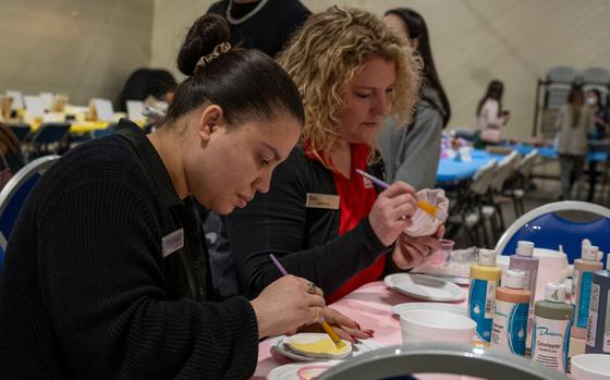 Attendees participate in arts and crafts during Spouse Appreciation Day at Misawa Air Base, Japan, May 9, 2025. The Spouse Appreciation Day celebration served as a reminder of the 35th Fighter Wing’s enduring commitment to taking care of its people, fostering a culture that values family, service, and mutual respect as foundations of mission success. 