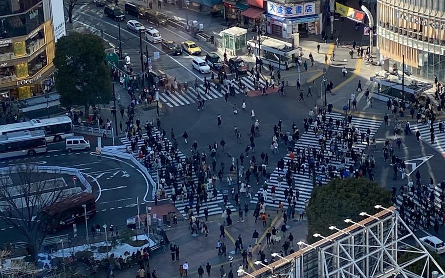 Birds -eye view of Shibuya Scramble-Crossing.