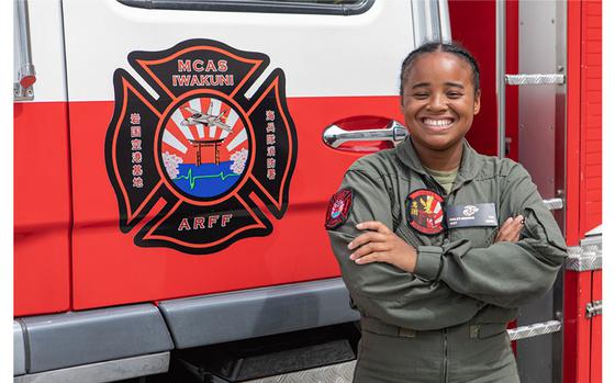 Photo Of U.S. Marine Corps Sgt. Yasmine Huley-Morris, the station station captain of Aircraft Rescue and Firefighting (ARFF), Headquarters and Headquarters Squadron (H&HS), Marine Corps Air Station Iwakuni, and a native of Virginia, stands in front of a fire truck for a picture at MCAS Iwakuni, Japan, June 4, 2024. Huley-Morris recently received the Military Firefighter of the Year award for all military services. The award recognizes the firefighters accomplishments of the preceding year for setting the example of professional activities and career development goals.