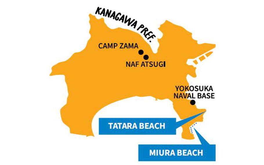 Map of Kanagawa Prefecture showing the locations of the beaches mentioned in the article.