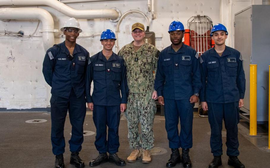 Vice Adm. Fred Kacher, center, commander, U.S. 7th Fleet, poses for a picture with Sailors assigned to the San Antonio-class amphibious transport dock ship USS New Orleans (LPD 18) while the ship is in port in Sasebo, Japan, May 10. New Orleans, part of the America Amphibious Ready Group, is forward-deployed to the U.S. 7th Fleet area of operations. U.S. 7th Fleet is the U.S. Navy’s largest forward-deployed numbered fleet, and routinely interacts and operates with allies and partners in preserving a free and open Indo-Pacific region. 