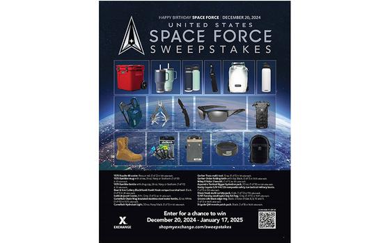 flyuer promoting Space Force Sweepstakes. photos such as boots and glasses are used.