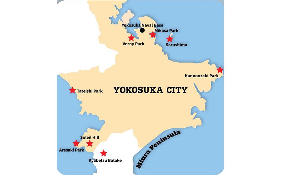 Yokosuka City map with sightseeing places.