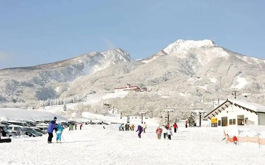 Visitors ski or walk on the snow.