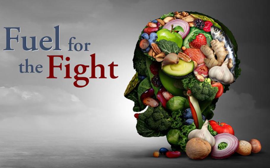 A graphic illustration of a man’s head made of food.