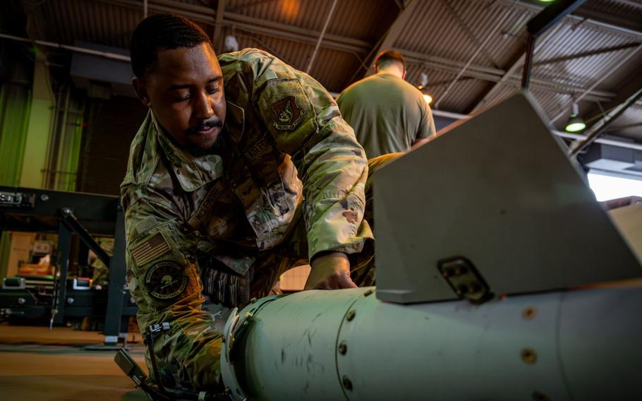 U.S. Air Force Senior Airman Joseph McLemore, 35th Maintenance Squadron conventional crew chief, fuses a GBU-54 bomb tail before assembling in support of Bomber Task Force (BTF) 25-2 at Misawa Air Base, Japan, April 23, 2025. BTF deployments demonstrate the U.S.’s commitment to a free and open Indo-Pacific, providing opportunities to train with allies and partners and enhance collective defenses. 