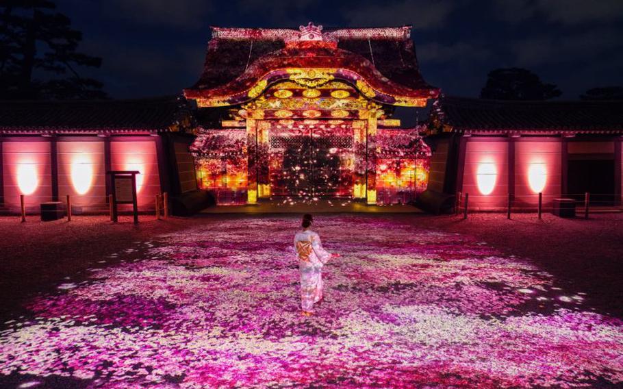 projection mapping event at the castle. It looks that cherry blossoms petals are fluttering.