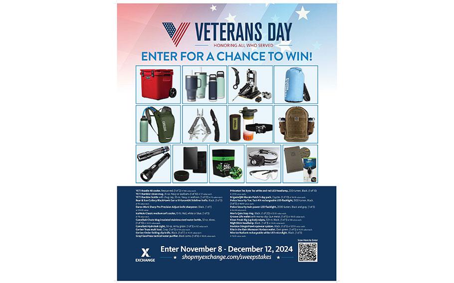 flyers promoting Veterans Day Sweepstakes. Phots of the prizes such as Groove Life wallet and Yeti Roadie 48 cooler are used.