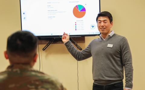 Photo Of Han Xue holds a monthly financial education training class with a TV screen.