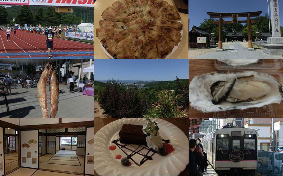 Nine photos are used. grilled shrimp, cake, oyster, gyoza, train, Japanese room, shrine, fukushima city half marathon.