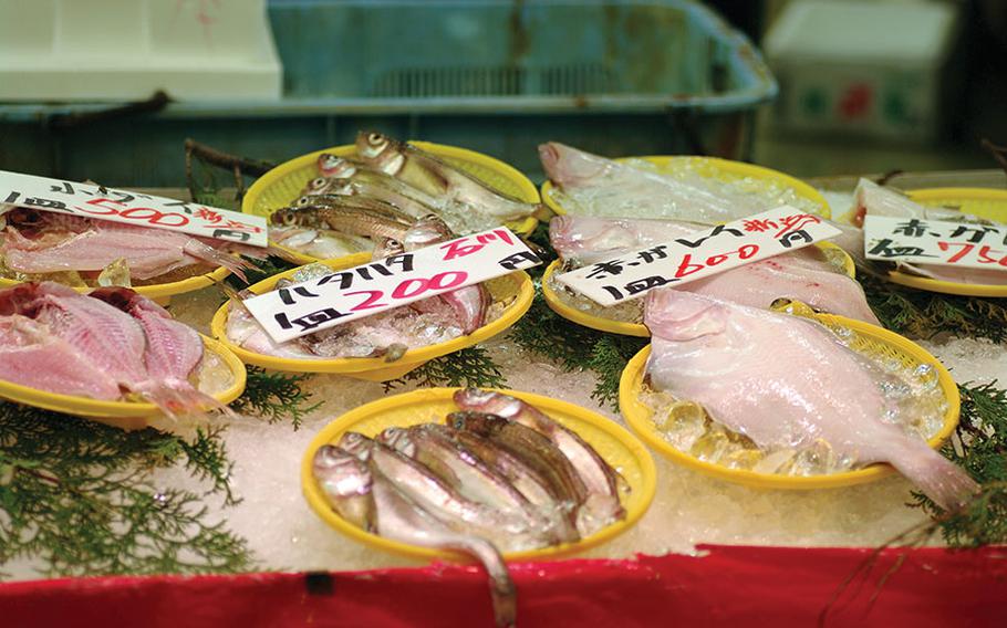 Fish are displayed in Teradomari Fish Market Street.