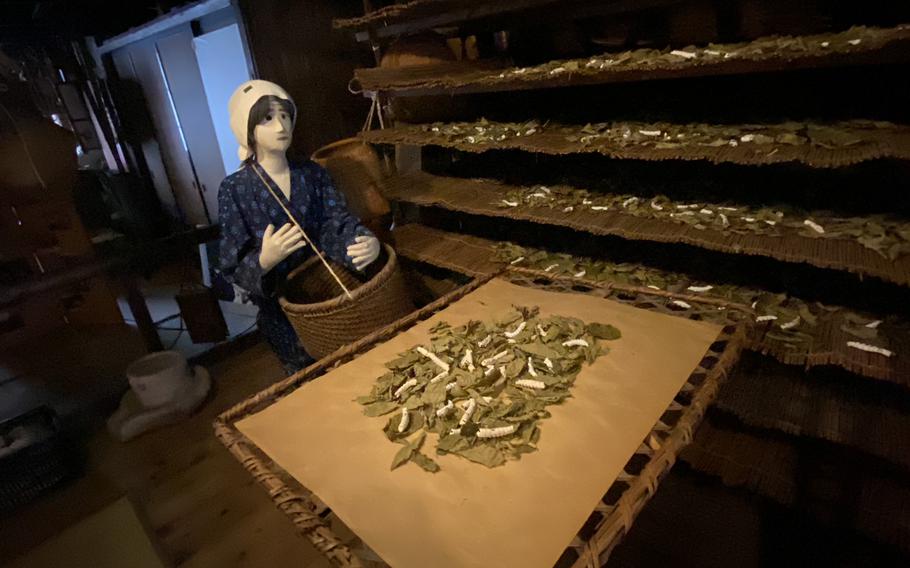 The inside of Museum shocases farming tools and utensils used for rearing silkworms. 