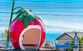 kyushu, japan - december 10 2022: Kofukai bus stop designed as a giant tomato fruit in front of the Ariake sea of Isahaya along the tokimeki fruit-shaped bus stop avenue against a blue sky.