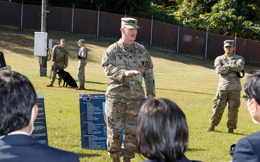 Lt. Col. Brian Pilch, director of the U.S. Army Garrison Japan Directorate of Emergency Services, welcomes Japanese law enforcement officials to Camp Zama, Japan, during a Nov. 17, 2022, bilateral visit that included a military working dog demonstration. (Photo Credit: Momoko Shindo)