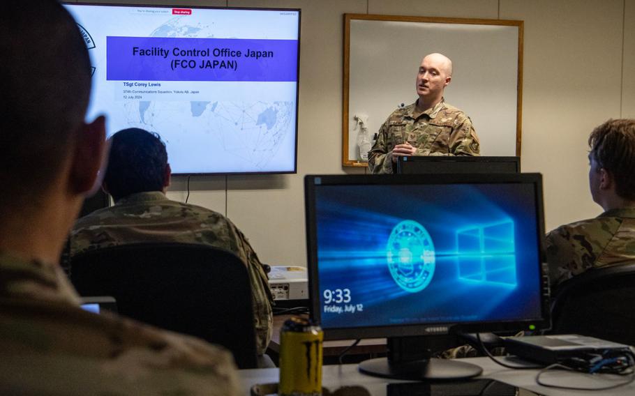 U.S. Air Force Tech. Sgt. Corey Lewis, 374th Communications Squadron facility control office NCO in charge, speaks during the annual FCO conference at Yokota Air Base, Japan, July 12, 2024.