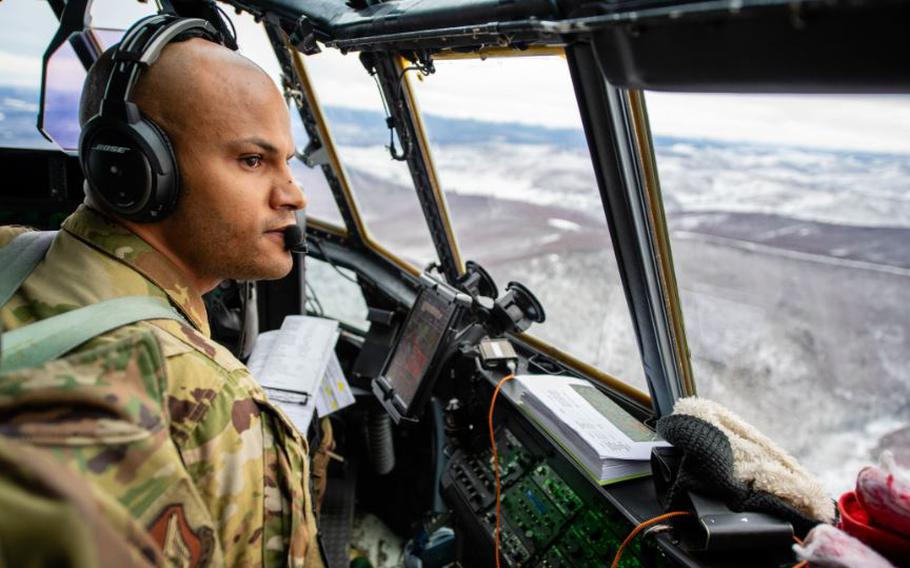 U.S. Air Force Capt. Brendan King, 36th Airlift Squadron pilot, flies a C-130J Super Hercules during Joint Pacific Multinational Readiness Center 24-02 in Alaska, Feb. 9, 2024. During JPMRC 24-02, members of the 36th AS improved their mission readiness as they overcame the unique challenges posed by an arctic environment, including extremely cold temperatures, unpredictable weather patterns and complex terrain.