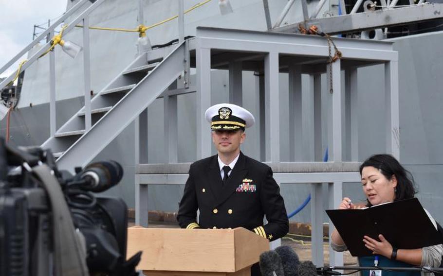 CDR. Dale Tourtelotte, Commanding Officer of the Arleigh Burke-class guided-missile destroyer USS Shoup (DDG 86) speaks at the welcome ceremony hosted by the Miyagi Defense Association. Shoup is assigned to Commander, Task Force 71/Destroyer Squadron (DESRON) 15, the Navy’s largest forward-deployed DESRON and the U.S. 7th Fleet’s Principal surface force. (U.S. Navy photo by Operations Specialist 3rd class Dominik Camooso)