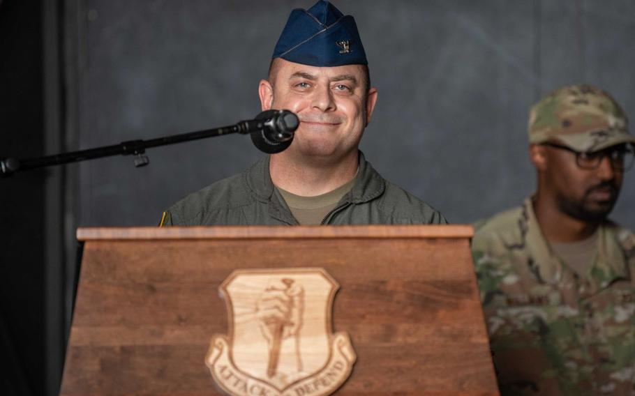 United States Air Force Col. Jesse J. Friedel, 35th Fighter Wing (FW) outgoing commander, smiles as he delivers a speech during the 35th FW change of command ceremony at Misawa Air Base, Japan, June 30, 2022. Friedel served as commander of the 35th FW since July 2020, amidst a global pandemic, during which the wing earned the Air and Space Outstanding Unit Award. (U.S. Air Force photo by Senior Airman Brieana E. Bolfing)