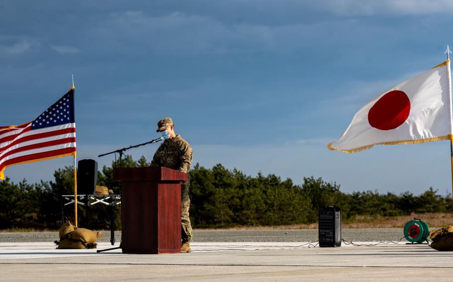 U.S. Air Force Lt. Col. Byungsuk Choi, 35th Civil Engineer Squadron commander, gives a speech during a ceremony to commemorate the completion of a bilateral Rapid Airfield Damage Recovery (RADR) pad at Draughon Range near Misawa Air Base, Japan, Nov. 29, 2022. This bilateral RADR is a testament to both the U.S. and Japan's commitment to a free and open Indo-Pacific region. (U.S. Air Force photo by Senior Airman Antwain Hanks)