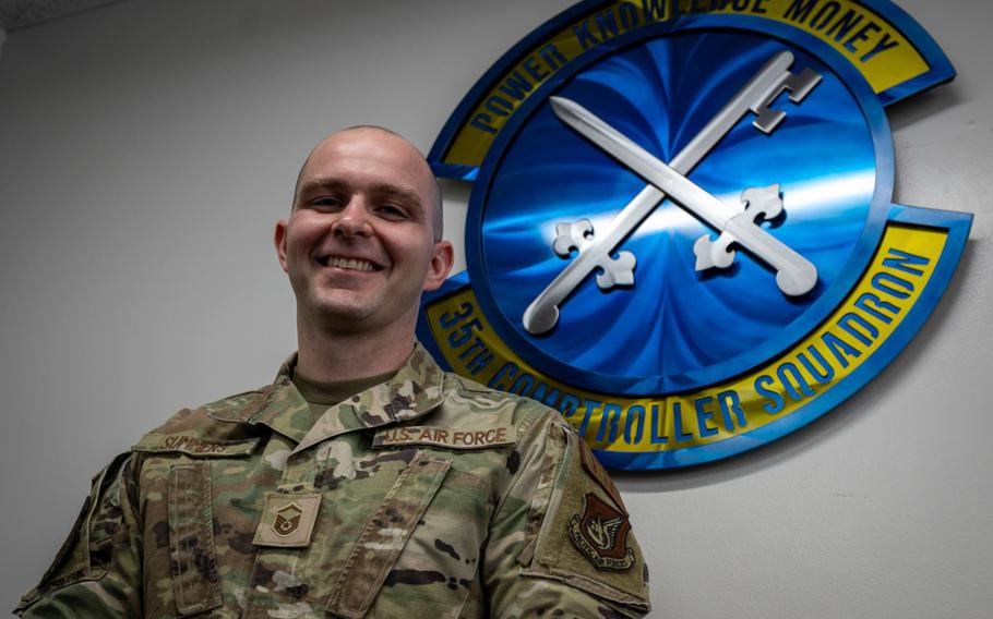 U.S. Air Force Master Sgt. Jackie Summers, 35th Comptroller Squadron senior enlisted leader, poses at Misawa Air Base, Japan, Dec. 13, 2023. Summers earned the Pacific Air Forces Financial Management Chief Master Sgt. Larry P. Gonzales Superintendent of the Year Award for his outstanding work this year. (U.S. Air Force photo by Senior Airman Antwain Hanks)