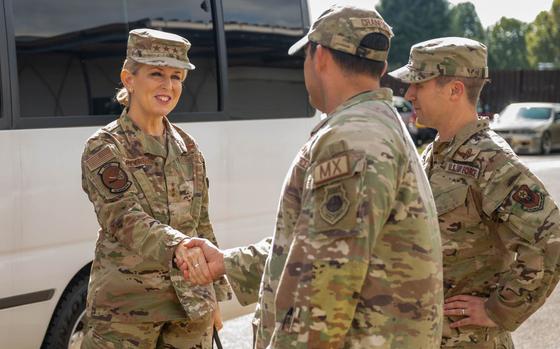 Photo Of U.S. Air Force Lt. Gen. Laura Lenderman, Pacific Air Forces deputy commander, shakes hands with Lt. Col. Eric Cranford, 21st Special Operations Aircraft Maintenance Squadron commander, during her visit to Yokota Air Base, Japan, Oct. 7, 2024.