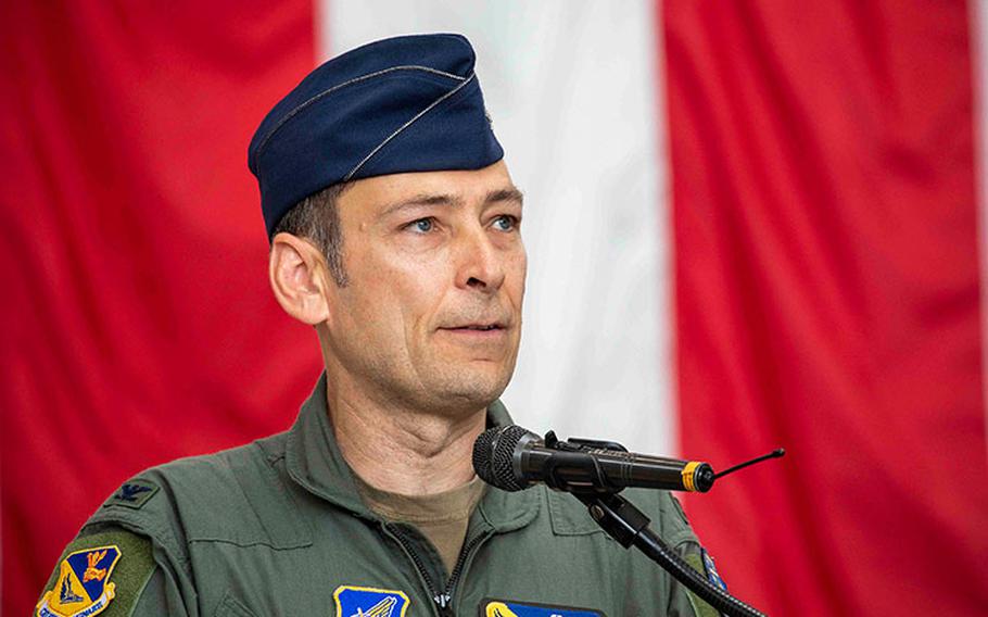 Col. Andrew Roddan, 374th Airlift Wing incoming commander, gives a speech during the 374th AW change of command ceremony at Yokota Air Base, Japan, June 23, 2022. The change of command ceremony formally transferred command of the 374th AW from Andrew Campbell, 374th AW outgoing commander, to Roddan. (U.S. Air Force photo by Yasuo Osakabe)