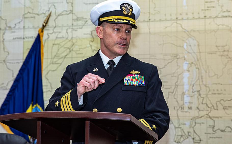 YOKOSUKA, Japan - Capt. Steven H. DeMoss gives remarks to Destroyer Squadron (DESRON) 15 command staff and families in attendance during a change of command ceremony, Feb. 5, onboard Commander Fleet Activities Yokosuka, Japan. DESRON 15 is the Navy’s largest forward-deployed DESRON and the U.S. 7th Fleet’s principal surface force.