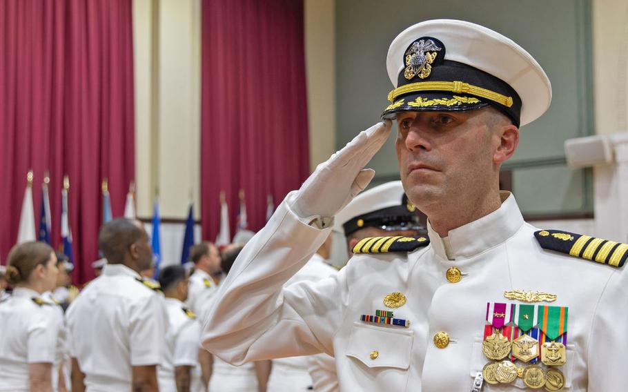 Capt. Torrin Velazquez relieved Captain T. Blair Hines as Commanding Officer, United States Navy Readiness and Training Command Center (USNMRTC) and Director, United States Naval Hospital (USNH) Yokosuka during a change of command ceremony held onboard Commander, Fleet Activities Yokosuka, June 7.