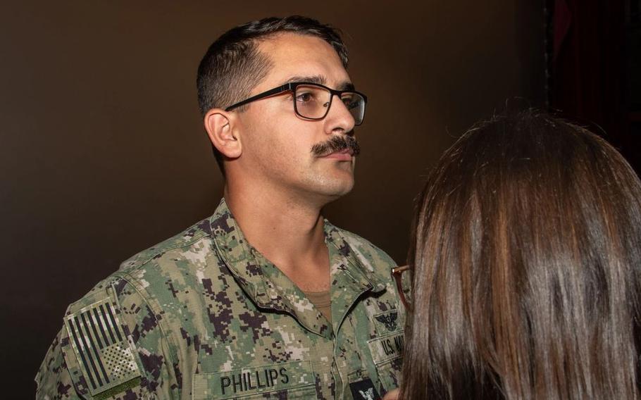 Logistics Specialist 1st Class Haeden Phillips, assigned to Naval Air Facility (NAF) Atsugi, is promoted to his current rate during a frocking ceremony held at Cinema 77 onboard NAF Atsugi.