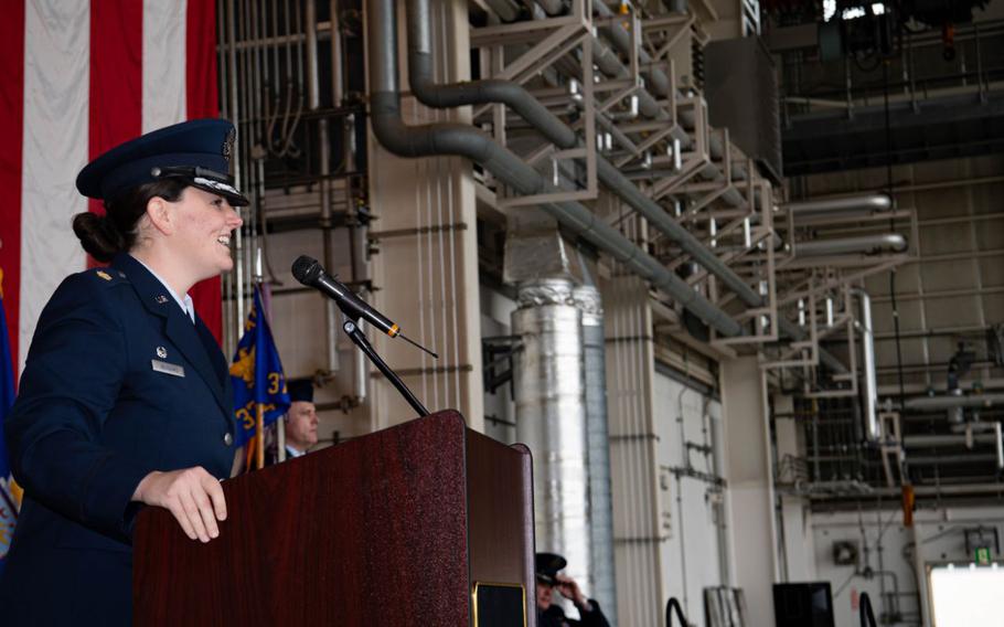 U.S. Air Force Maj. Jessica Meadows, 374th Maintenance Squadron commander, delivers a speech during the 374th MXS change of command ceremony at Yokota Air Base, Japan, June 14, 2024.