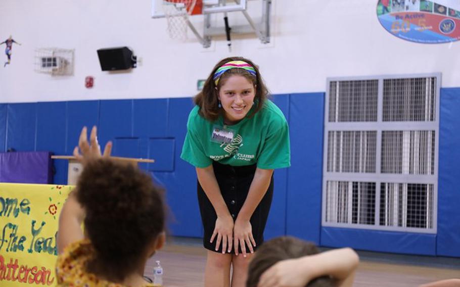 Charlotte Patterson, a former senior at Zama Middle High School and the Camp Zama and Asia-wide Military Youth of Year, gives a presentation May 24 to children at the School Age Center on Sagamihara Family Housing Area, Japan, about the importance of kindness. (Noriko Kudo, U.S. Army Garrison Japan Public Affairs)