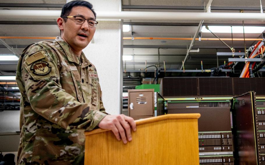 U.S. Air Force Lt. Col. Steven Lee, 374th Communications Squadron commander, gives opening remarks at the MSL-100 decommissioning ceremony at Yokota Air Base, Feb. 6, 2024. The decommissioning ceremony marked a milestone in the base-wide transition from Plain Old Telephone Services to Voice Over Internet Protocol.