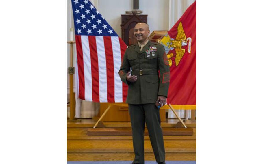 U.S. Marine Corps Sgt. Maj. Michael B. Dutchin, sergeant major of Marine Aviation Logistics Squadron (MALS) 12, gives a speech during his retirement ceremony at Marine Corps Air Station Iwakuni, Japan, May 19, 2023. Dutchin enlisted in the Marine Corps in 1996 and retired after 27 years of honorable service. (U.S. Marine Corps photo by Cpl. Tyler Harmon)