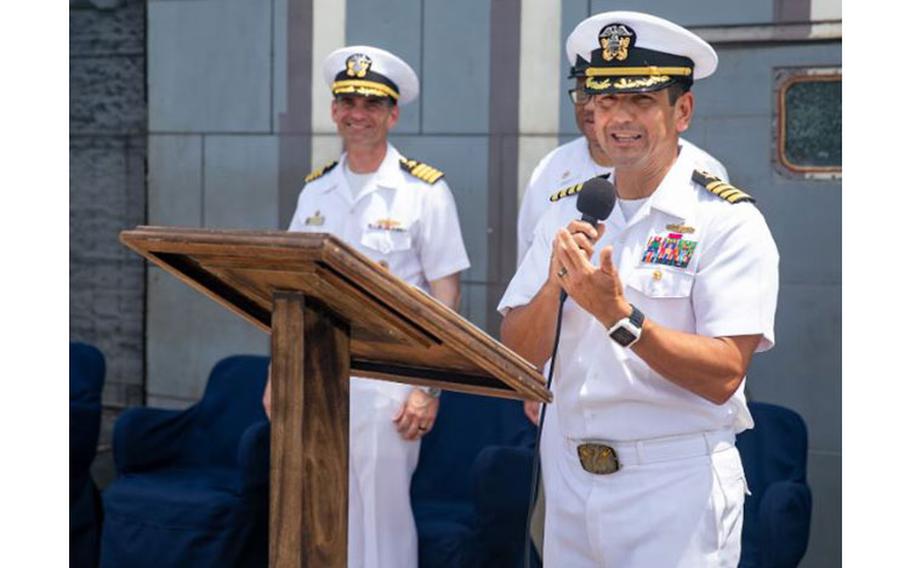 Commanding Officer Capt. Victor Garza, from Gilroy, California, gives a speech during a change of command ceremony aboard the Ticonderoga-class guided-missile cruiser USS Antietam (CG 54) in Da Nang, Vietnam, June 25, 2023. Antietam is assigned to Commander, Task Force (CTF) 70, and is forward-deployed to Yokosuka, Japan to support the security of the U.S. and its Allies in the Indo-Pacific. (U.S. Navy photo by Mass Communication Specialist 1st Class Ryre Arciaga)