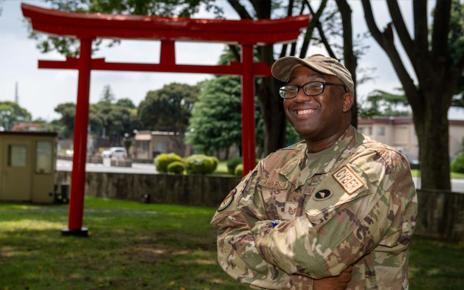 U.S. Air Force Tech. Sgt. James Anderson, 374th Communications Squadron enterprise operations assistant NCO in charge, poses for a photo at Camp Zama, Japan, Aug. 21, 2024.