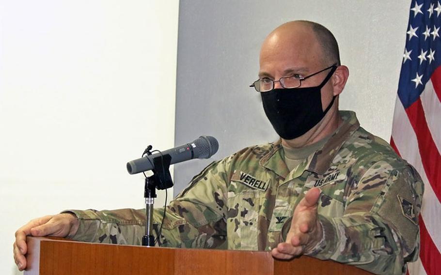 Col. Thomas J. Verell, Jr., Japan Engineer District commander, gives his remarks during Engineer Week 2021. This year's theme Imagining Tomorrow.