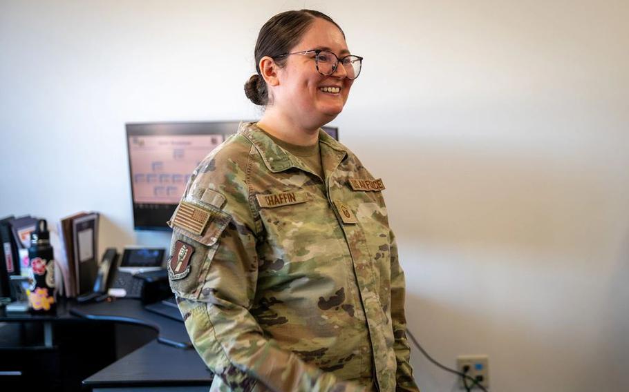 U.S. Air Force Master Sgt. Gracie Chaffin, 35th Maintenance Squadron analysis programs section chief, gives a presentation during a Wild Weasel Walk-through at Misawa Air Base, Japan.