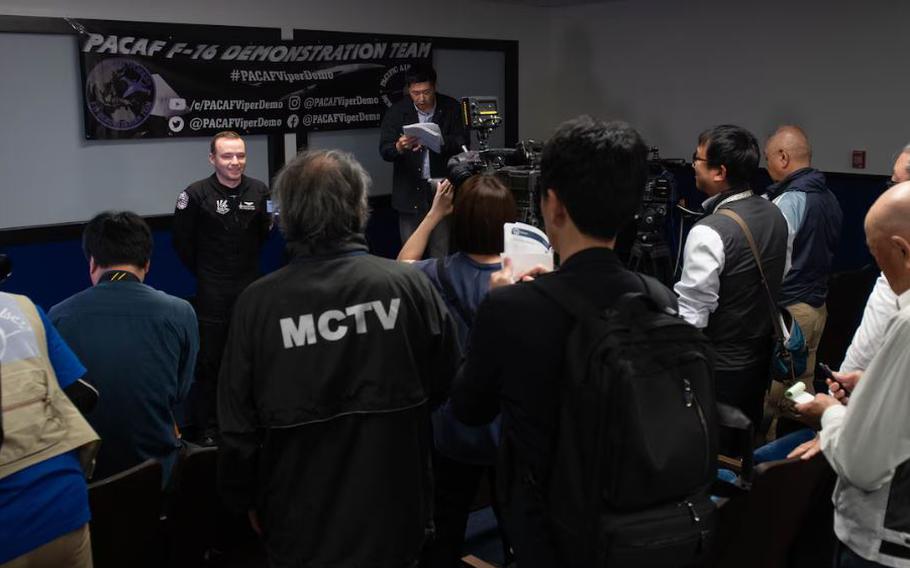 U.S. Air Force Capt. Ethan “Bantam” Smith, Pacific Air Forces F-16 Demonstration Team commander, participates in a press conference during the team’s final flight at Misawa Air Base.